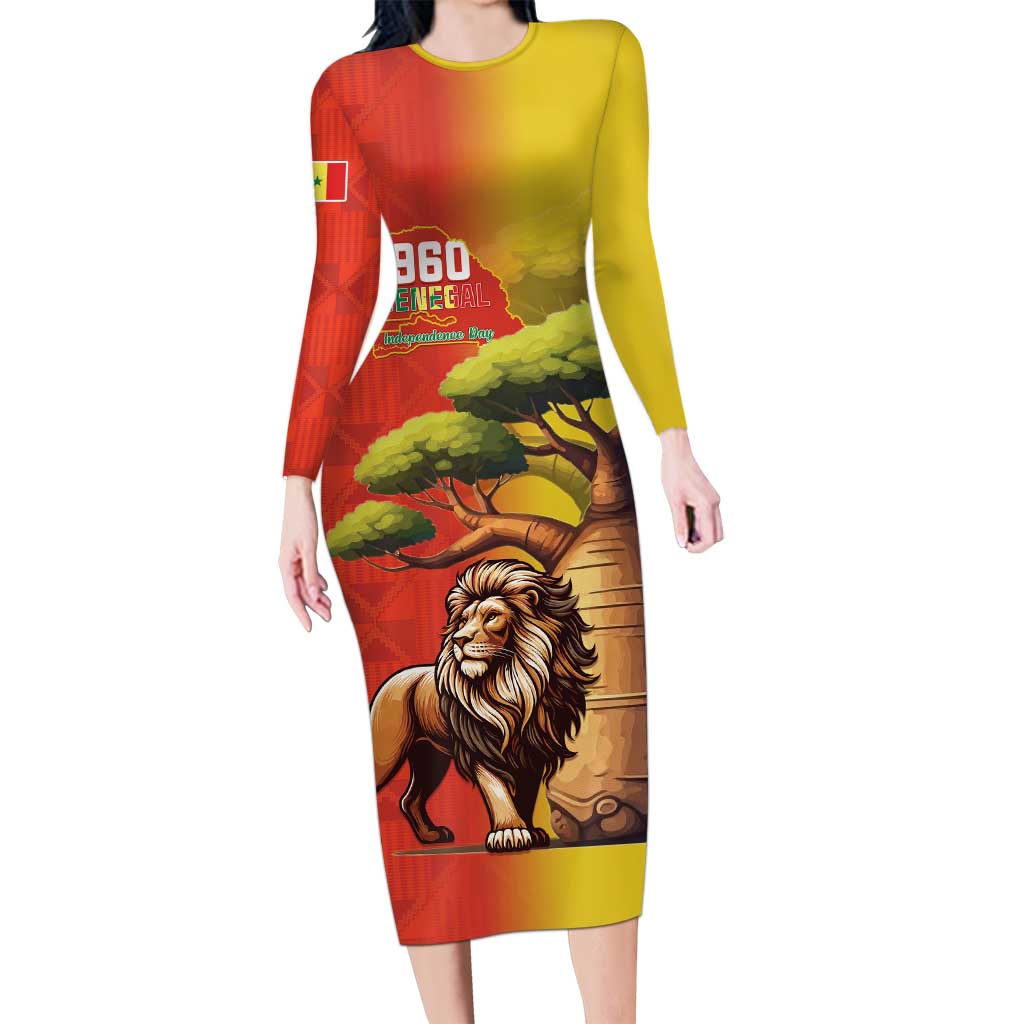 Senegal Independence Day Long Sleeve Bodycon Dress Lion With Baobab