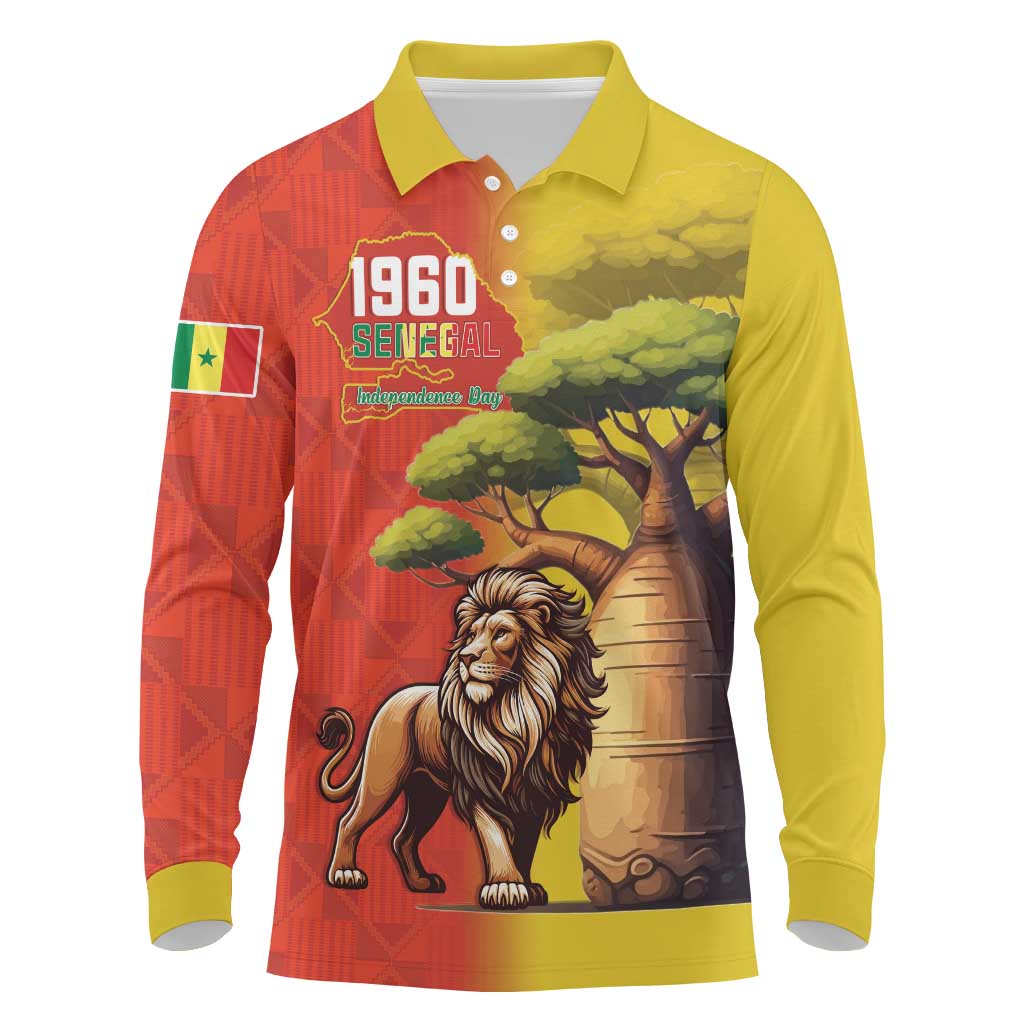 Senegal Independence Day Long Sleeve Polo Shirt Lion With Baobab