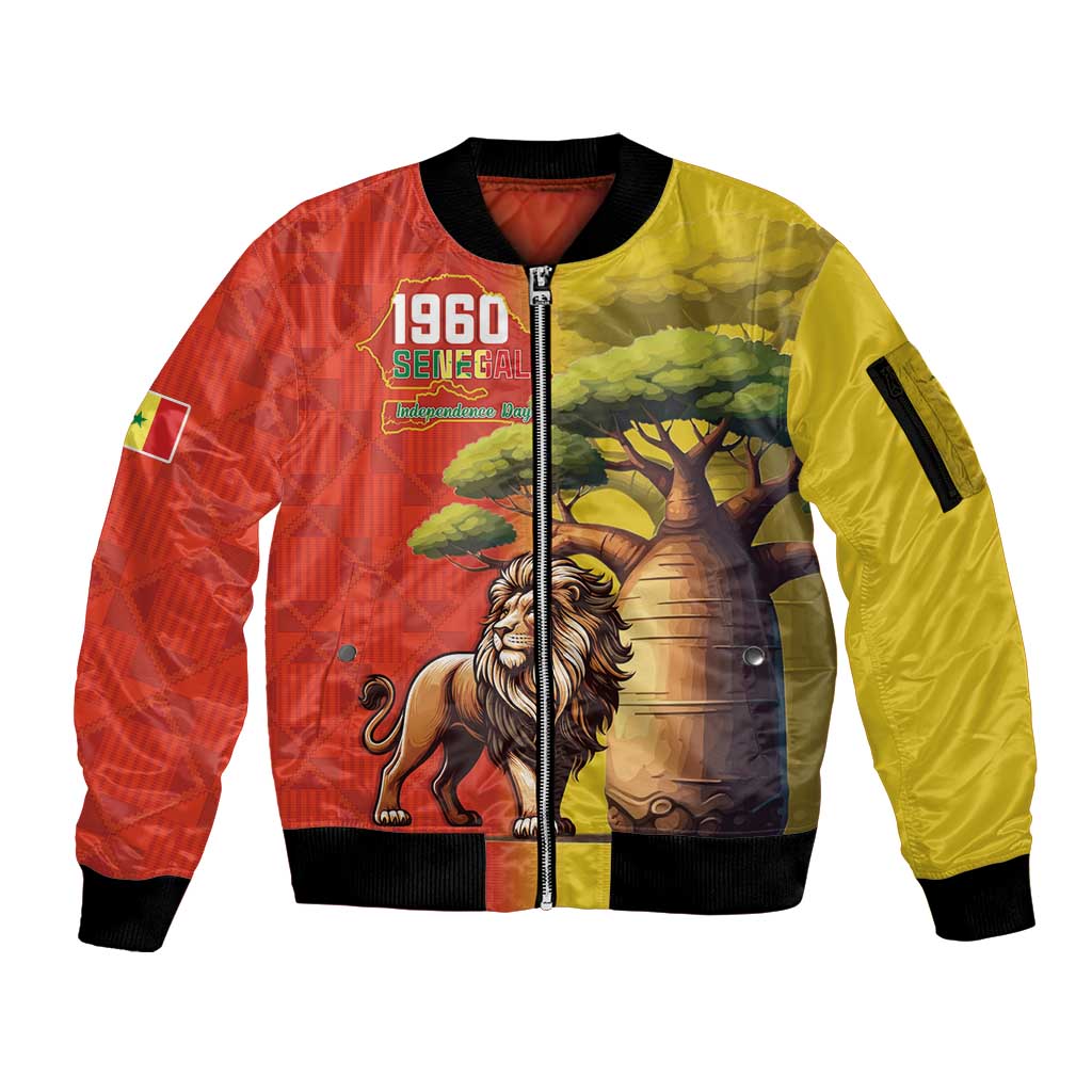 Senegal Independence Day Sleeve Zip Bomber Jacket Lion With Baobab