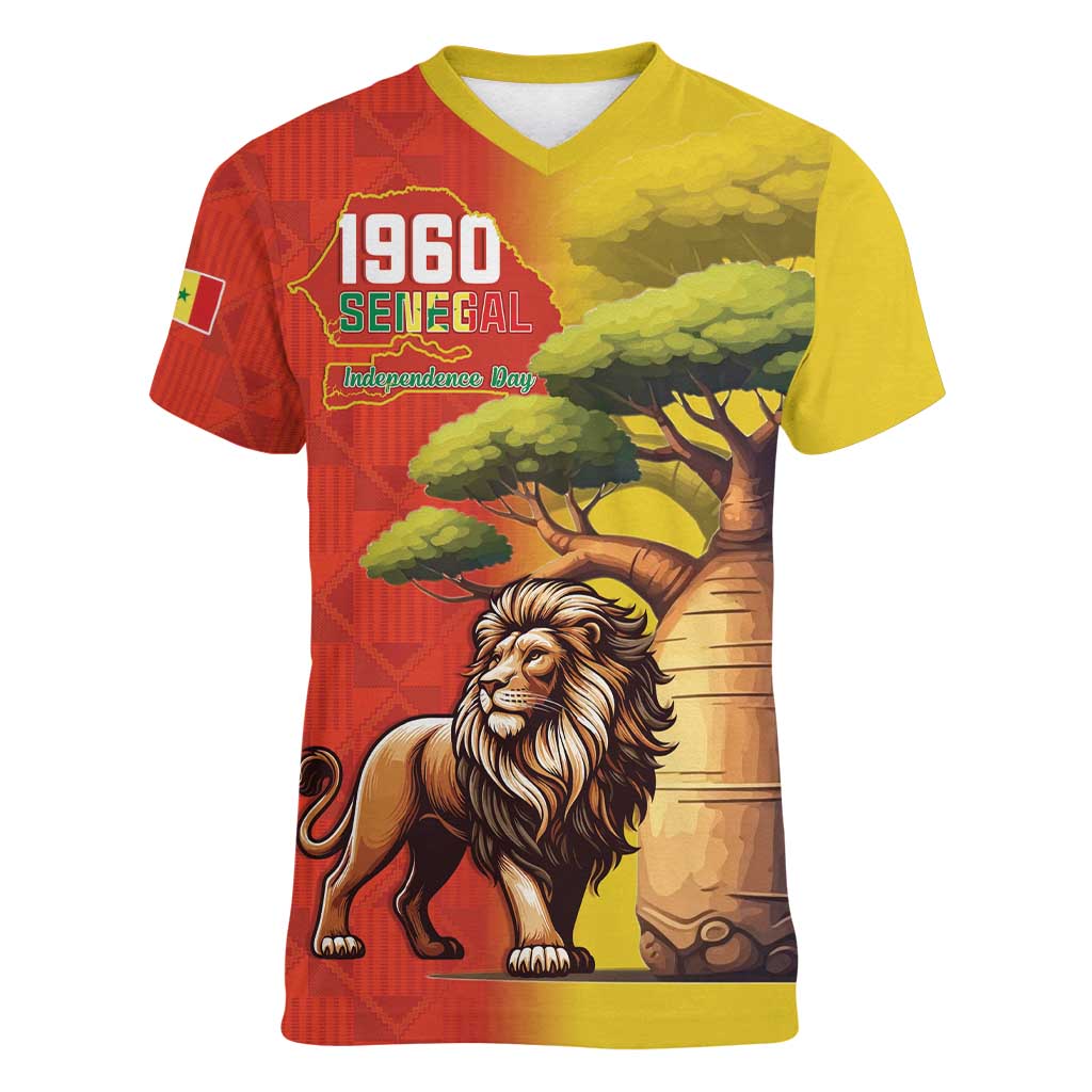 Senegal Independence Day Women V-Neck T-Shirt Lion With Baobab - Wonder Print Shop