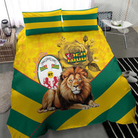 Yellow and green bedding set with lion face artwork and crest emblem on comforter