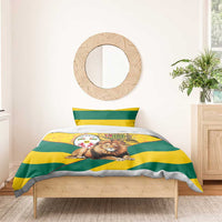 Yellow and green lion comforter with crest graphic and matching striped pillow