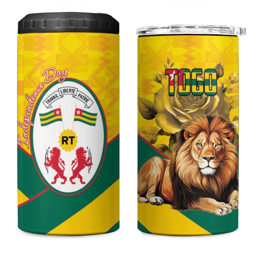 Togo Independence Day 4 in 1 Can Cooler Tumbler Lion With Coat Of Arms Kente Pattern