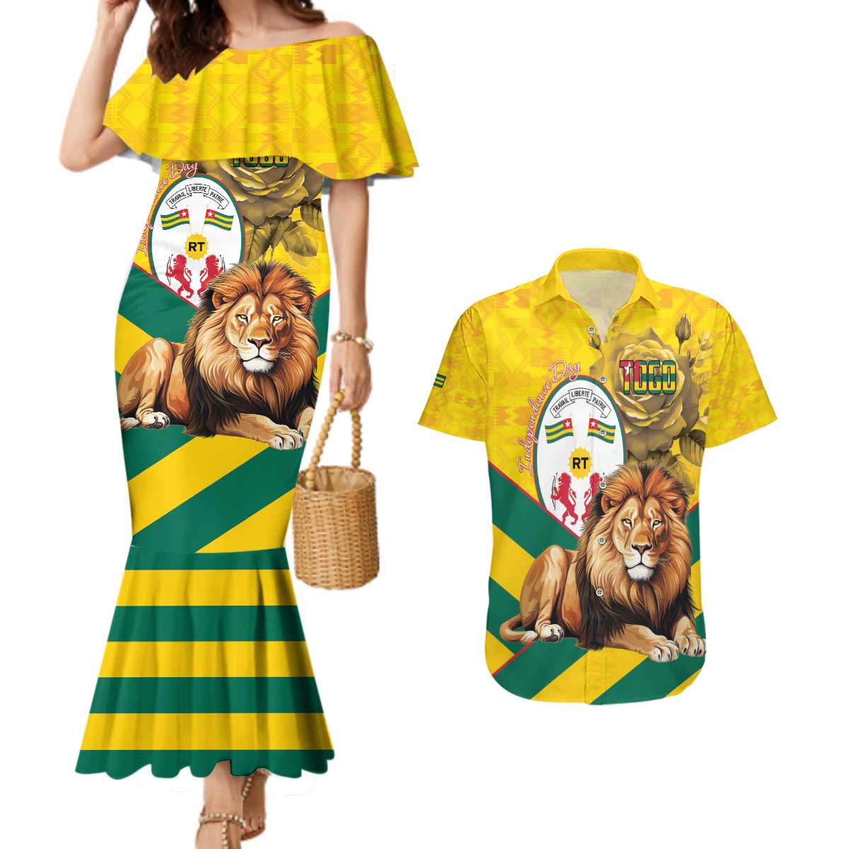 Togo Independence Day Couples Matching Mermaid Dress and Hawaiian Shirt Lion With Coat Of Arms Kente Pattern