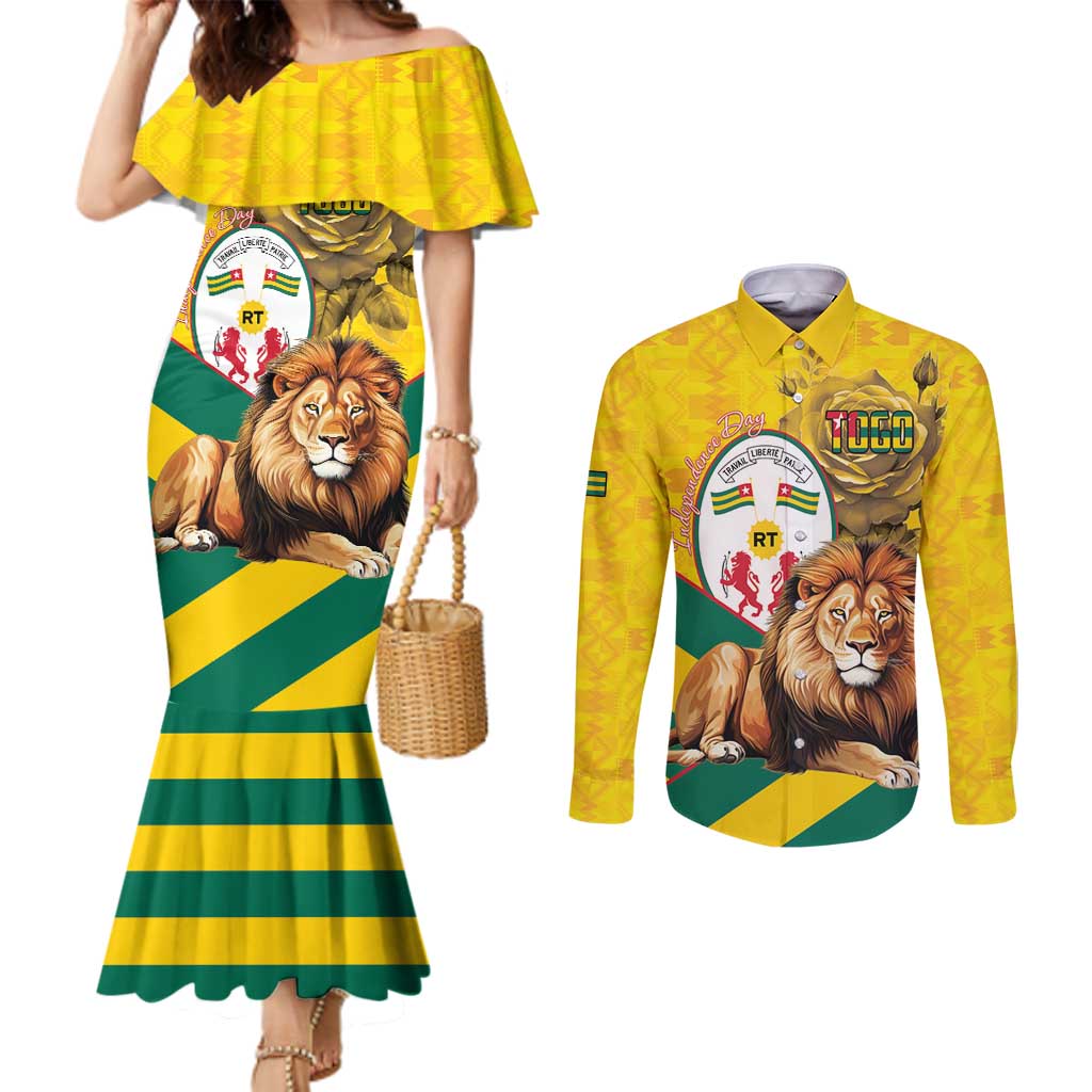 Togo Independence Day Couples Matching Mermaid Dress and Long Sleeve Button Shirt Lion With Coat Of Arms Kente Pattern