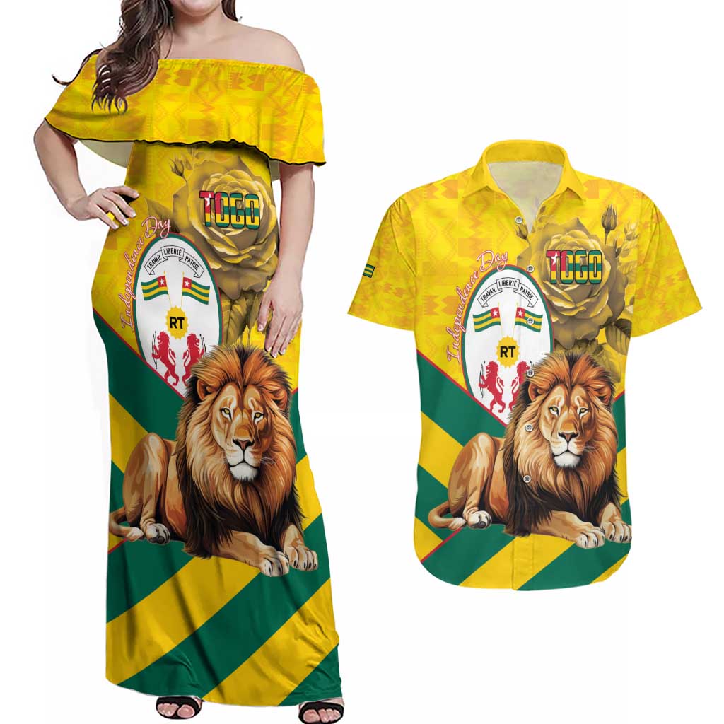 Togo Independence Day Couples Matching Off Shoulder Maxi Dress and Hawaiian Shirt Lion With Coat Of Arms Kente Pattern