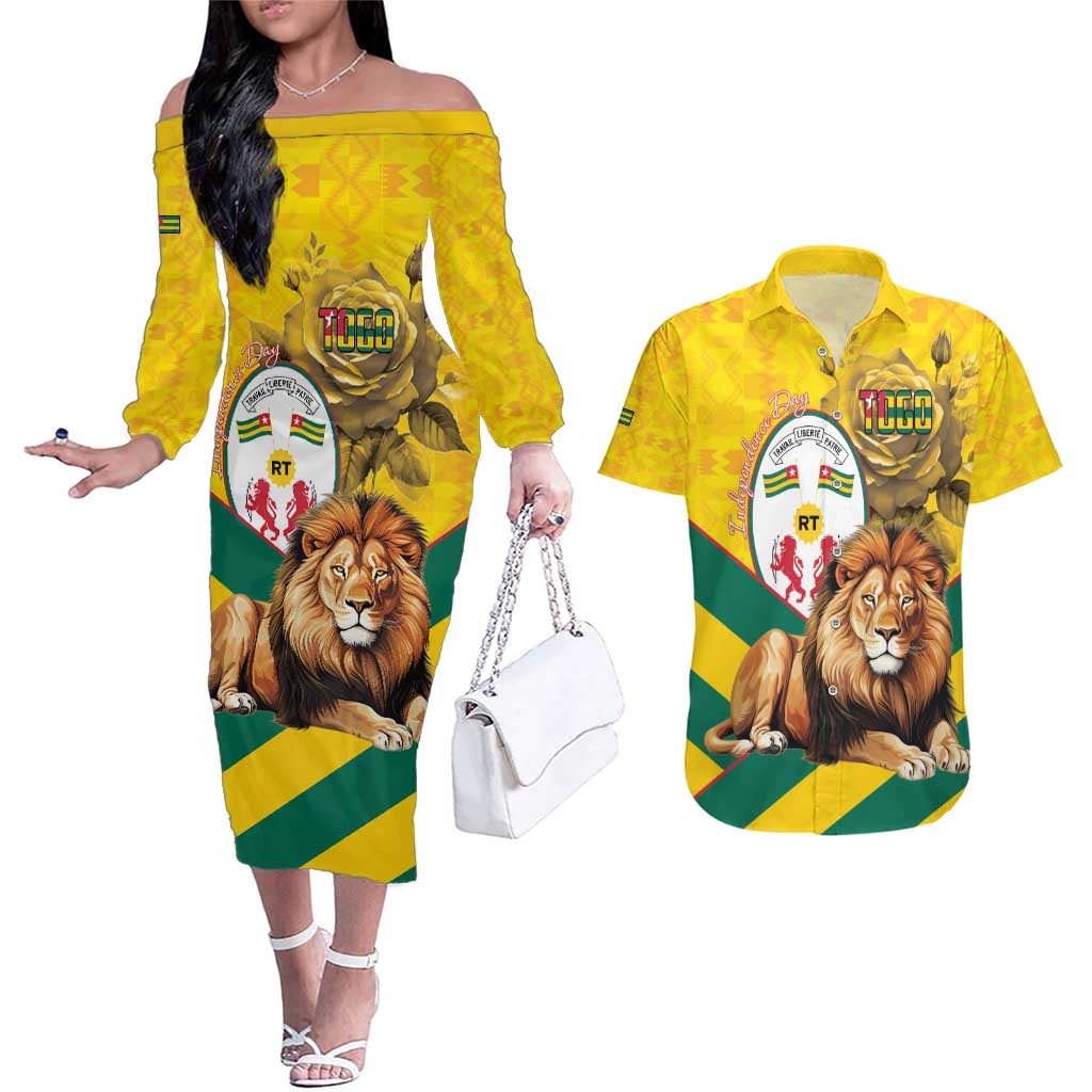 Togo Independence Day Couples Matching Off The Shoulder Long Sleeve Dress and Hawaiian Shirt Lion With Coat Of Arms Kente Pattern