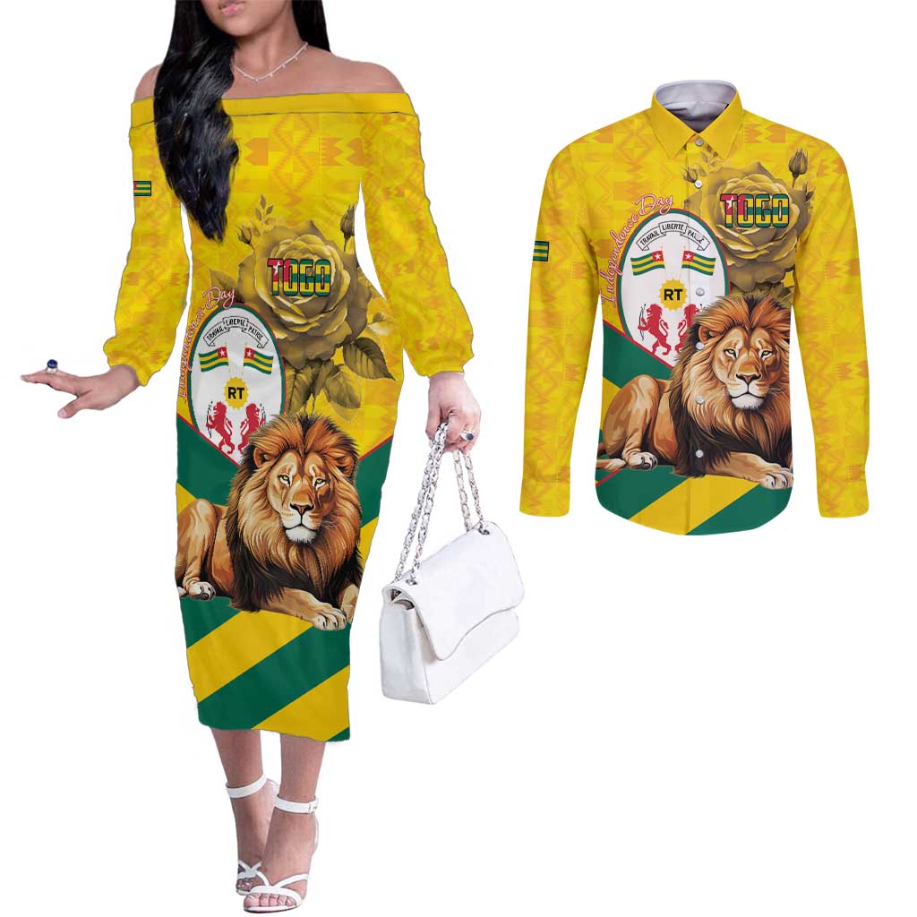 Togo Independence Day Couples Matching Off The Shoulder Long Sleeve Dress and Long Sleeve Button Shirt Lion With Coat Of Arms Kente Pattern