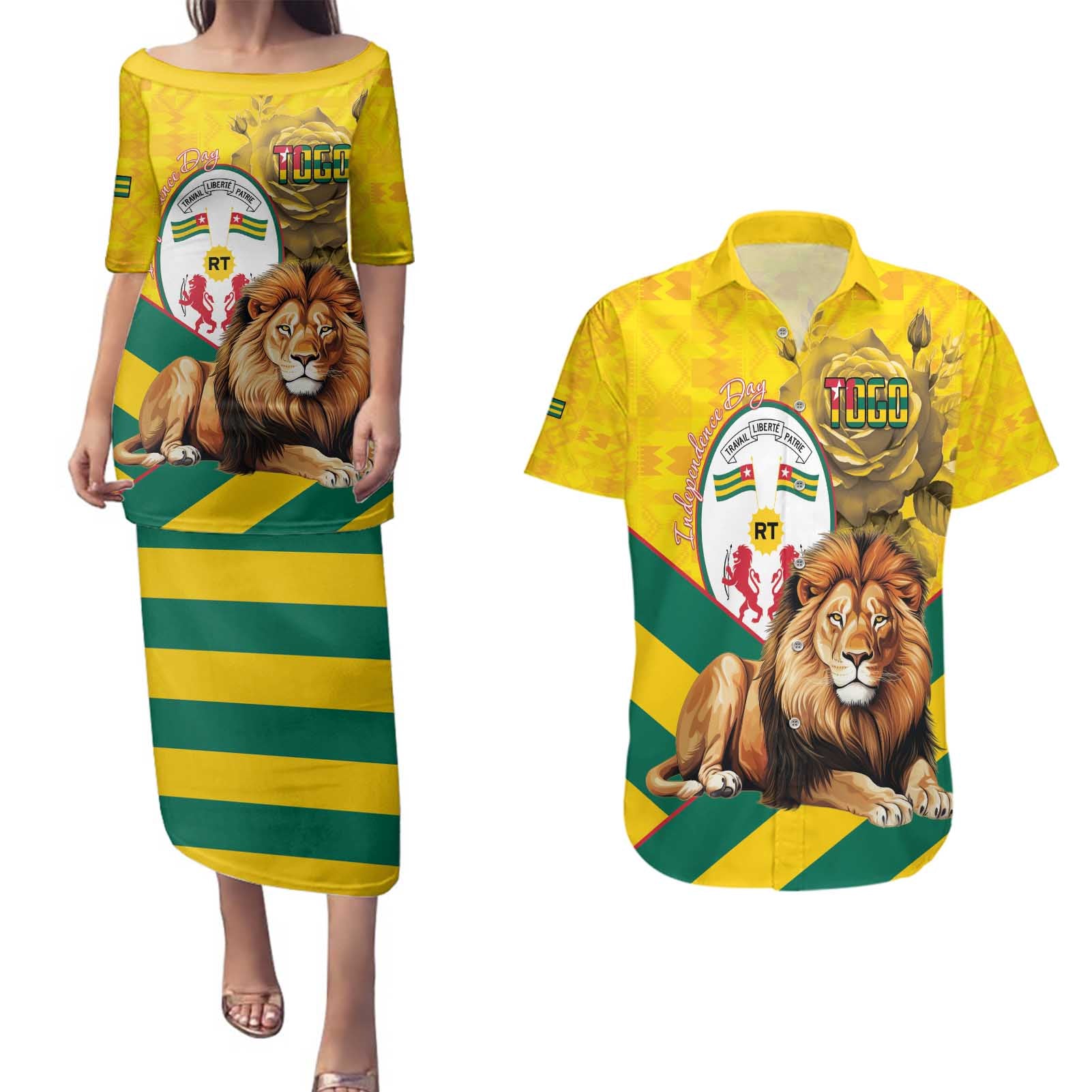 Togo Independence Day Couples Matching Puletasi and Hawaiian Shirt Lion With Coat Of Arms Kente Pattern