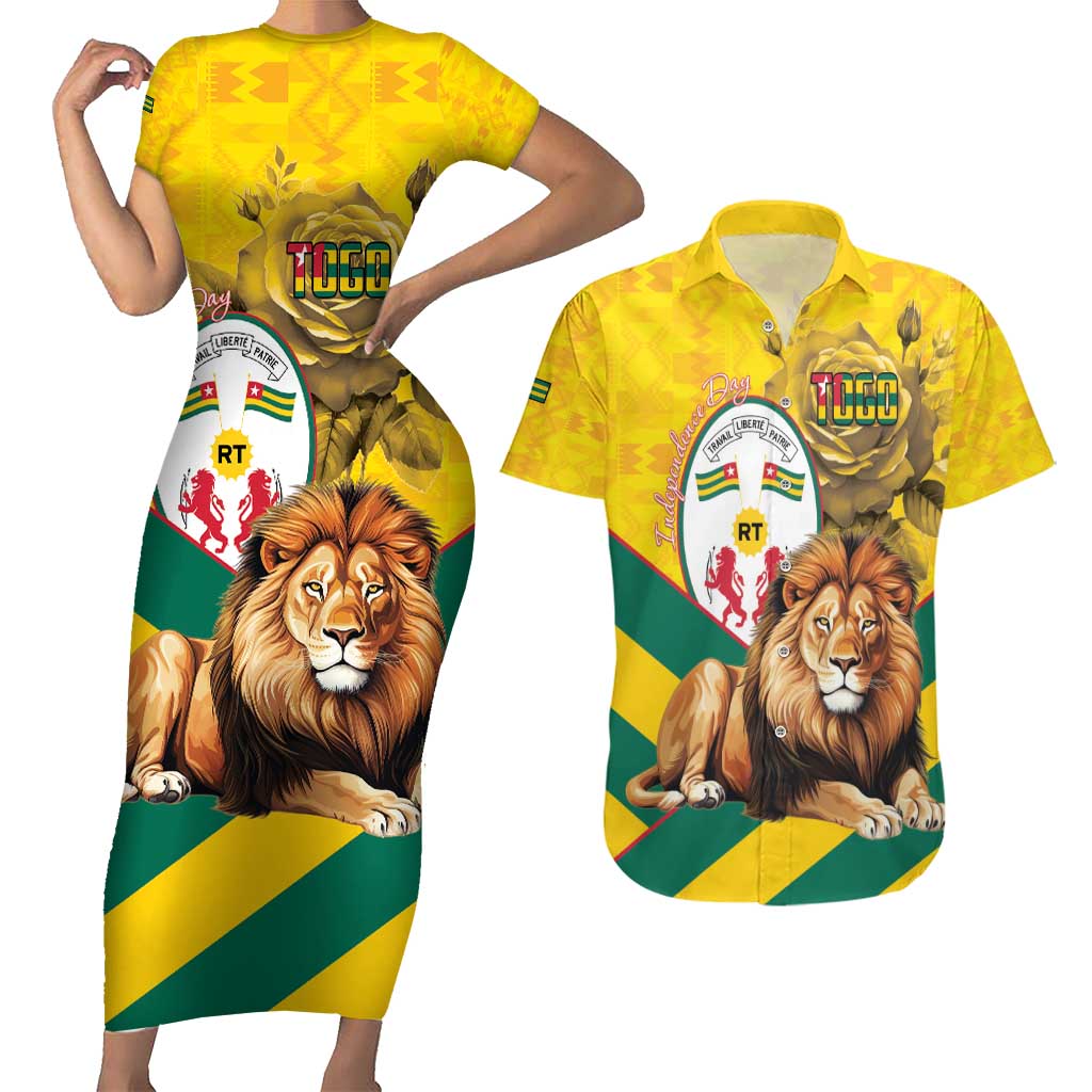 Togo Independence Day Couples Matching Short Sleeve Bodycon Dress and Hawaiian Shirt Lion With Coat Of Arms Kente Pattern