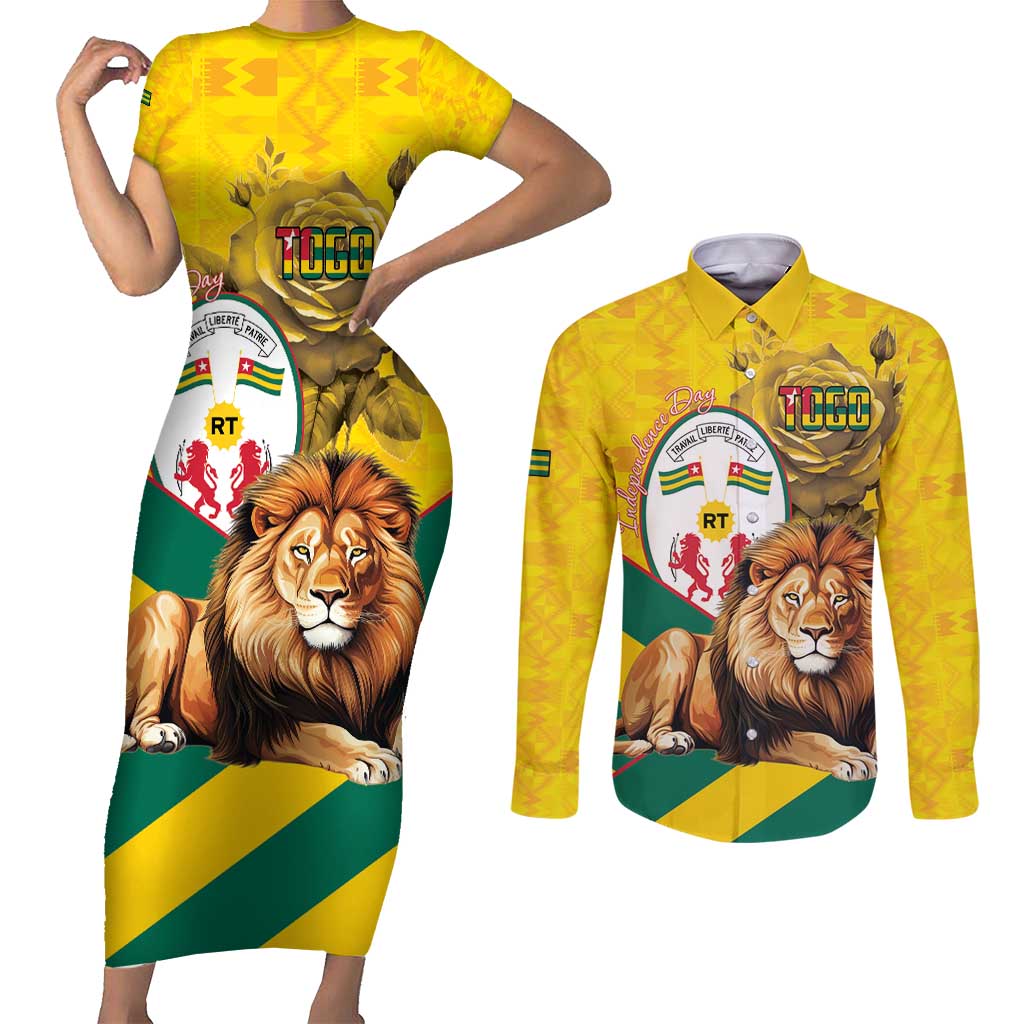 Togo Independence Day Couples Matching Short Sleeve Bodycon Dress and Long Sleeve Button Shirt Lion With Coat Of Arms Kente Pattern