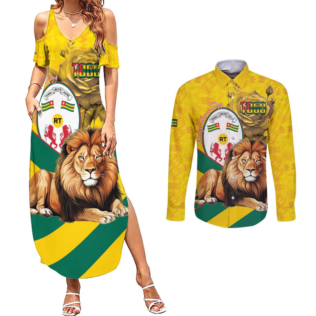 Togo Independence Day Couples Matching Summer Maxi Dress and Long Sleeve Button Shirt Lion With Coat Of Arms Kente Pattern