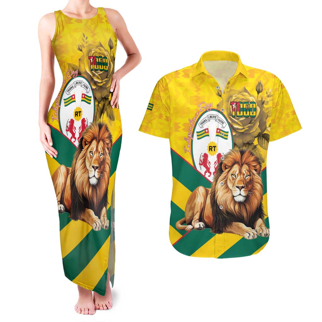 Togo Independence Day Couples Matching Tank Maxi Dress and Hawaiian Shirt Lion With Coat Of Arms Kente Pattern