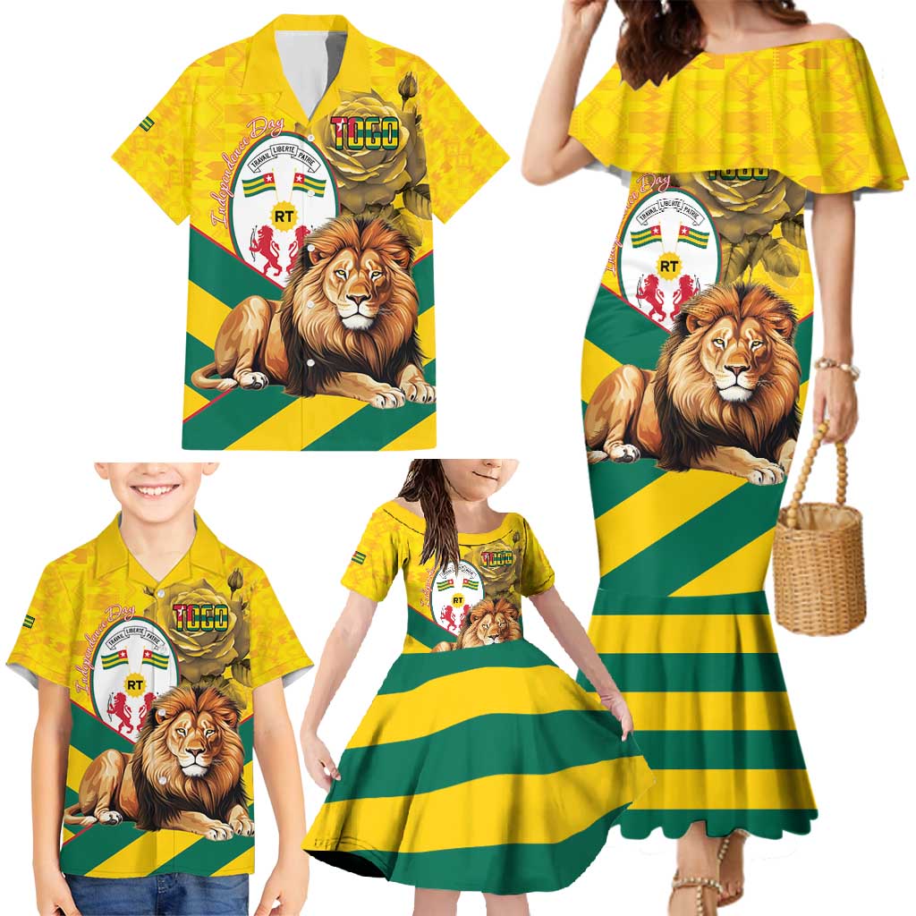 Togo Independence Day Family Matching Mermaid Dress and Hawaiian Shirt Lion With Coat Of Arms Kente Pattern