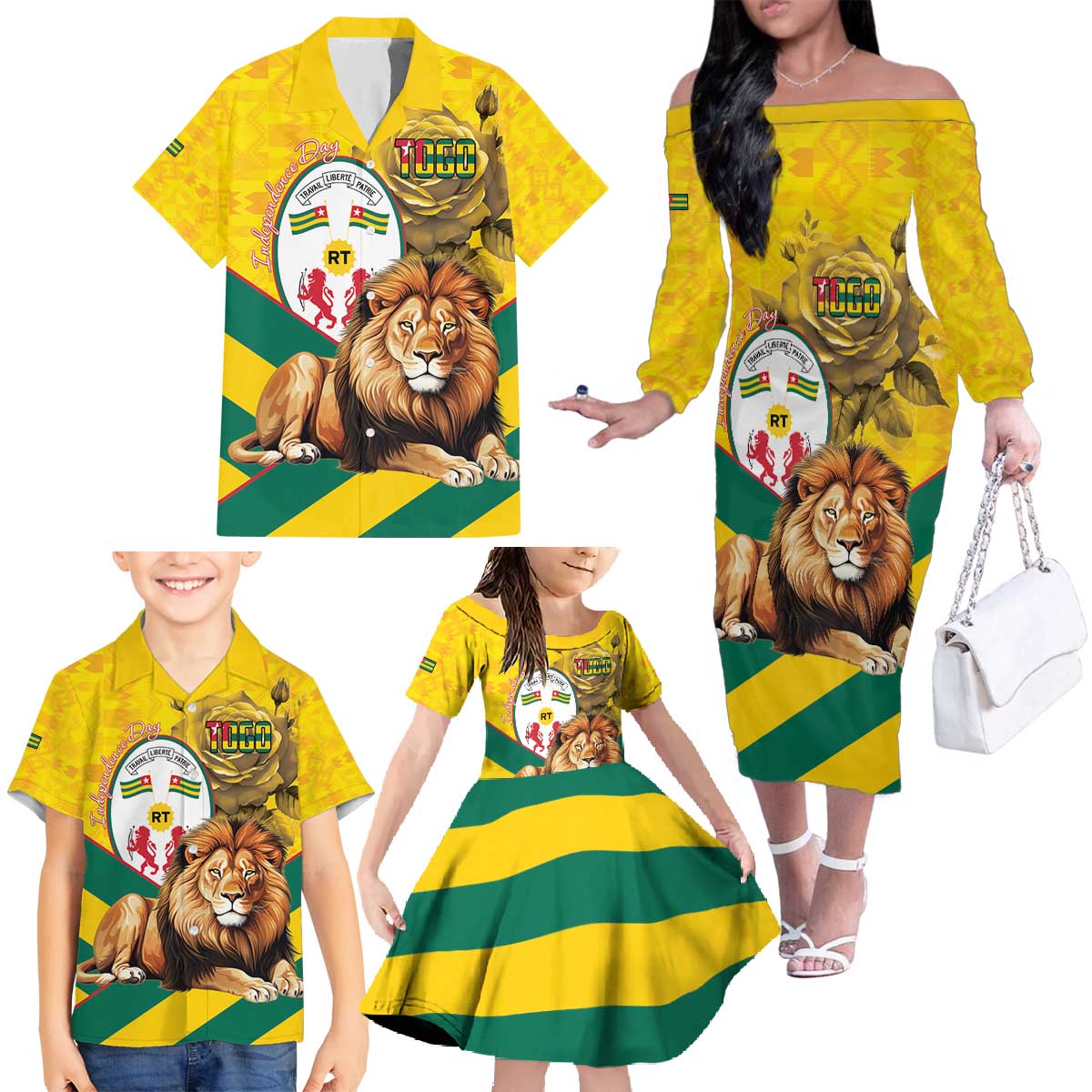 Togo Independence Day Family Matching Off The Shoulder Long Sleeve Dress and Hawaiian Shirt Lion With Coat Of Arms Kente Pattern