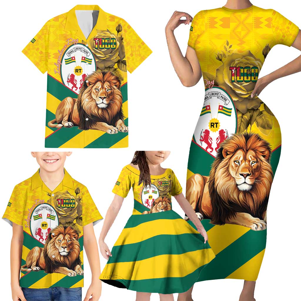 Togo Independence Day Family Matching Short Sleeve Bodycon Dress and Hawaiian Shirt Lion With Coat Of Arms Kente Pattern