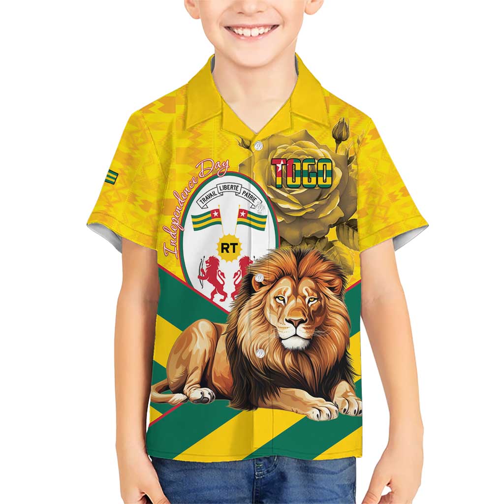 Togo Independence Day Kid Hawaiian Shirt Lion With Coat Of Arms Kente Pattern