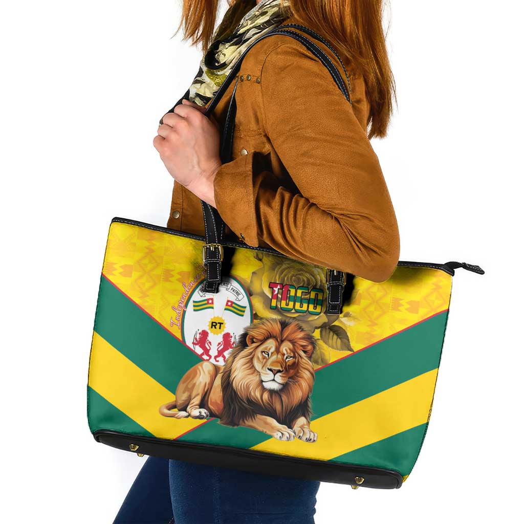 Togo Independence Day Leather Tote Bag Lion With Coat Of Arms Kente Pattern