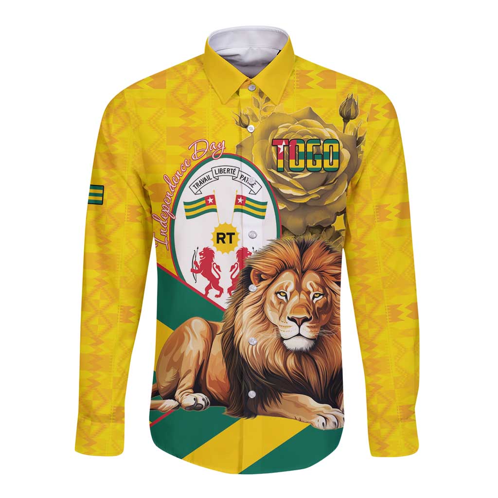 Togo Independence Day Long Sleeve Button Shirt Lion With Coat Of Arms Kente Pattern