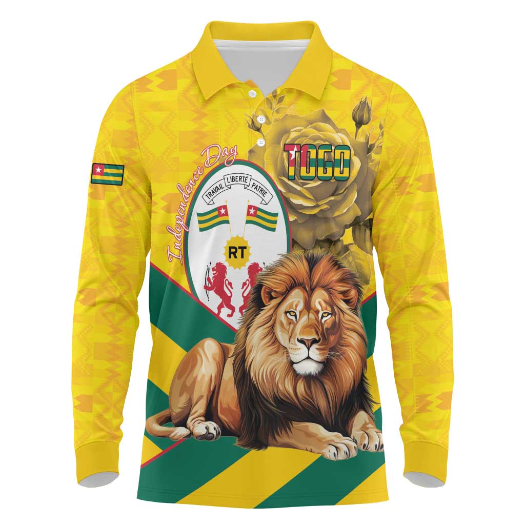 Togo Independence Day Long Sleeve Polo Shirt Lion With Coat Of Arms Kente Pattern