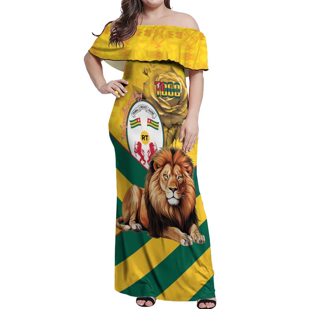 Togo Independence Day Off Shoulder Maxi Dress Lion With Coat Of Arms Kente Pattern