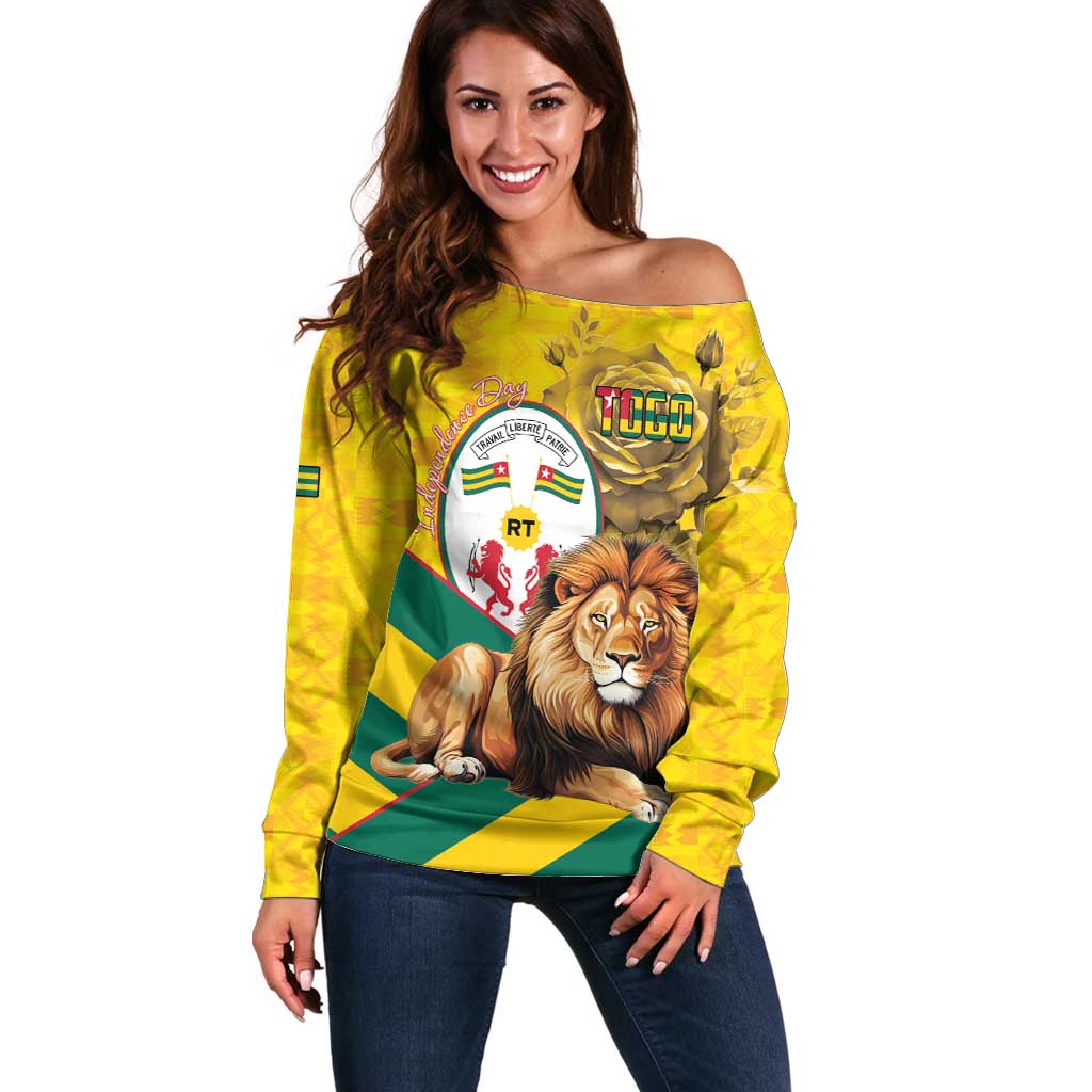 Togo Independence Day Off Shoulder Sweater Lion With Coat Of Arms Kente Pattern