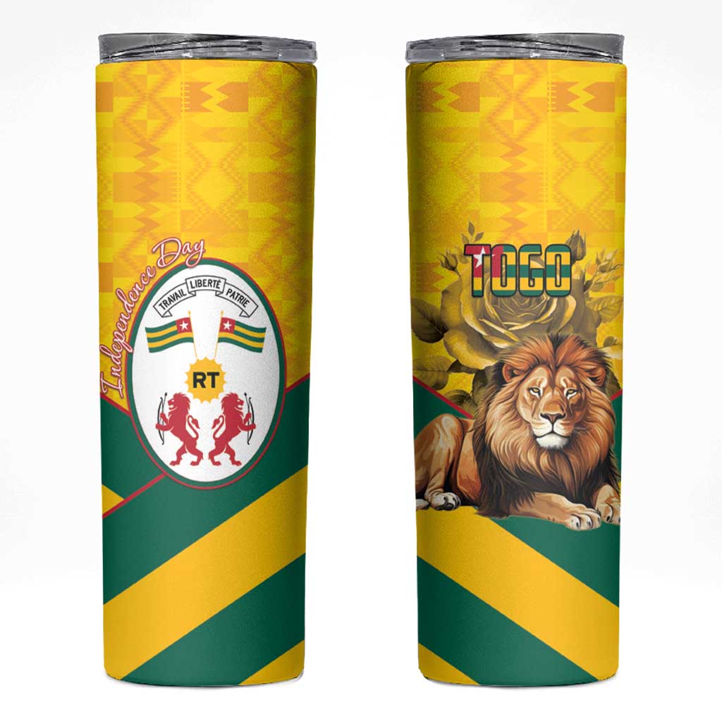 Togo Independence Day Skinny Tumbler Lion With Coat Of Arms Kente Pattern