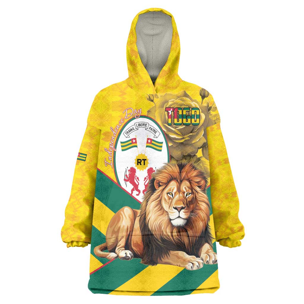 Togo Independence Day Wearable Blanket Hoodie Lion With Coat Of Arms Kente Pattern