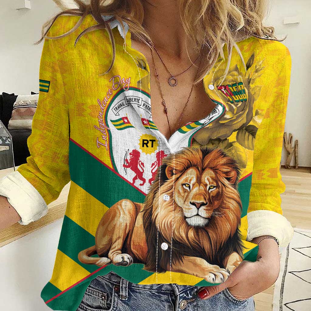 Togo Independence Day Women Casual Shirt Lion With Coat Of Arms Kente Pattern