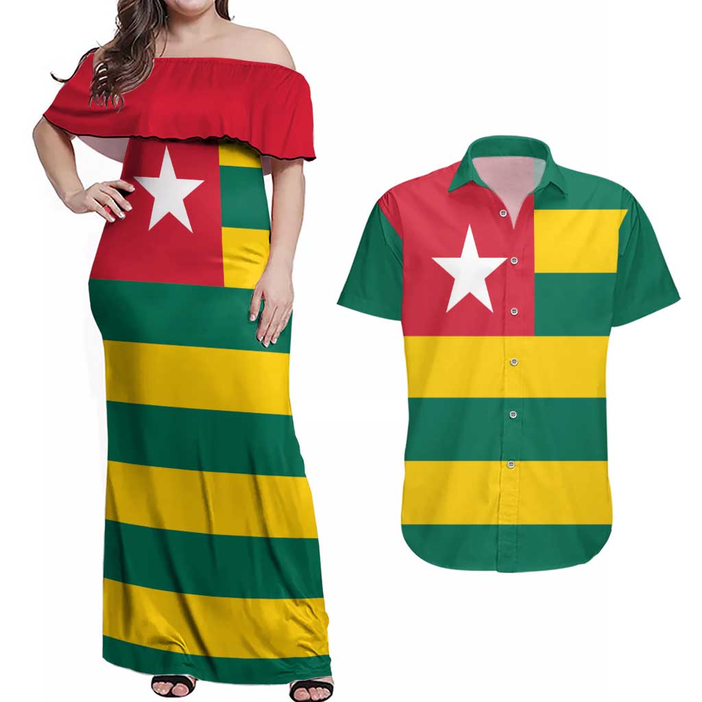 Togo Country Flag Couples Matching Off Shoulder Maxi Dress and Hawaiian Shirt Togolese Independence