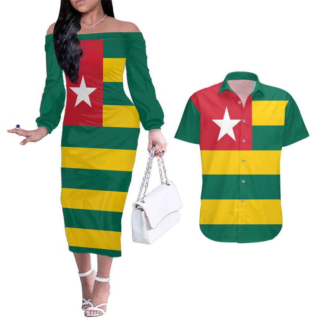 Togo Country Flag Couples Matching Off The Shoulder Long Sleeve Dress and Hawaiian Shirt Togolese Independence