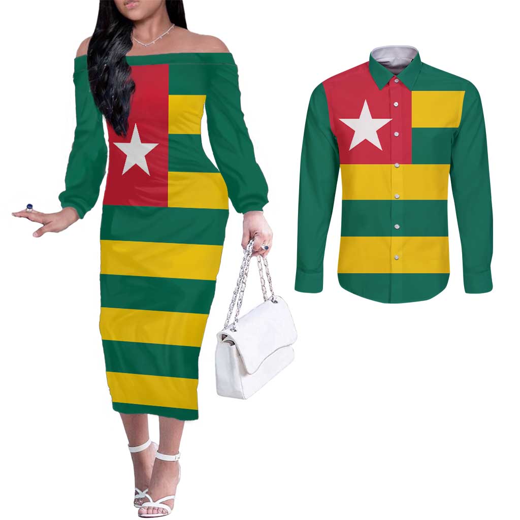 Togo Country Flag Couples Matching Off The Shoulder Long Sleeve Dress and Long Sleeve Button Shirt Togolese Independence