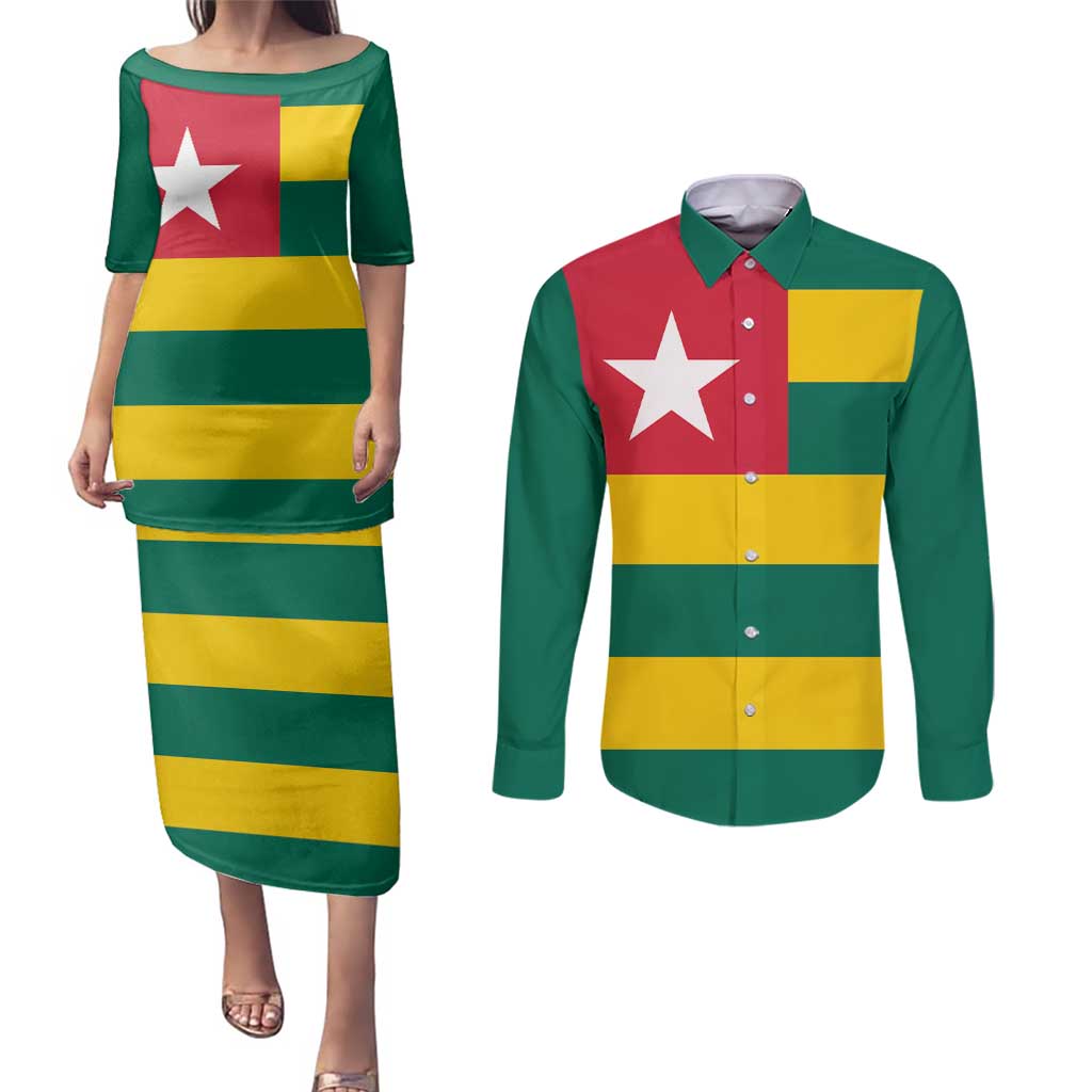 Togo Country Flag Couples Matching Puletasi and Long Sleeve Button Shirt Togolese Independence