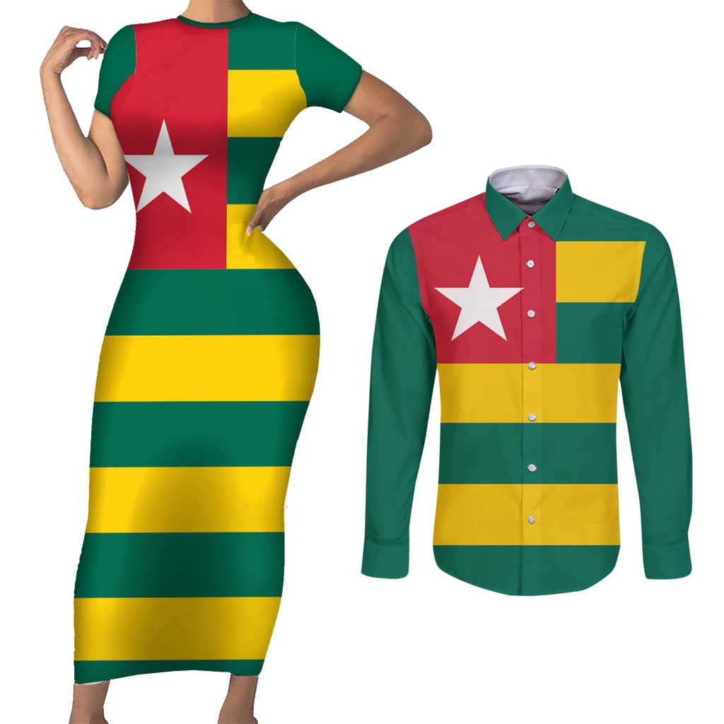 Togo Country Flag Couples Matching Short Sleeve Bodycon Dress and Long Sleeve Button Shirt Togolese Independence