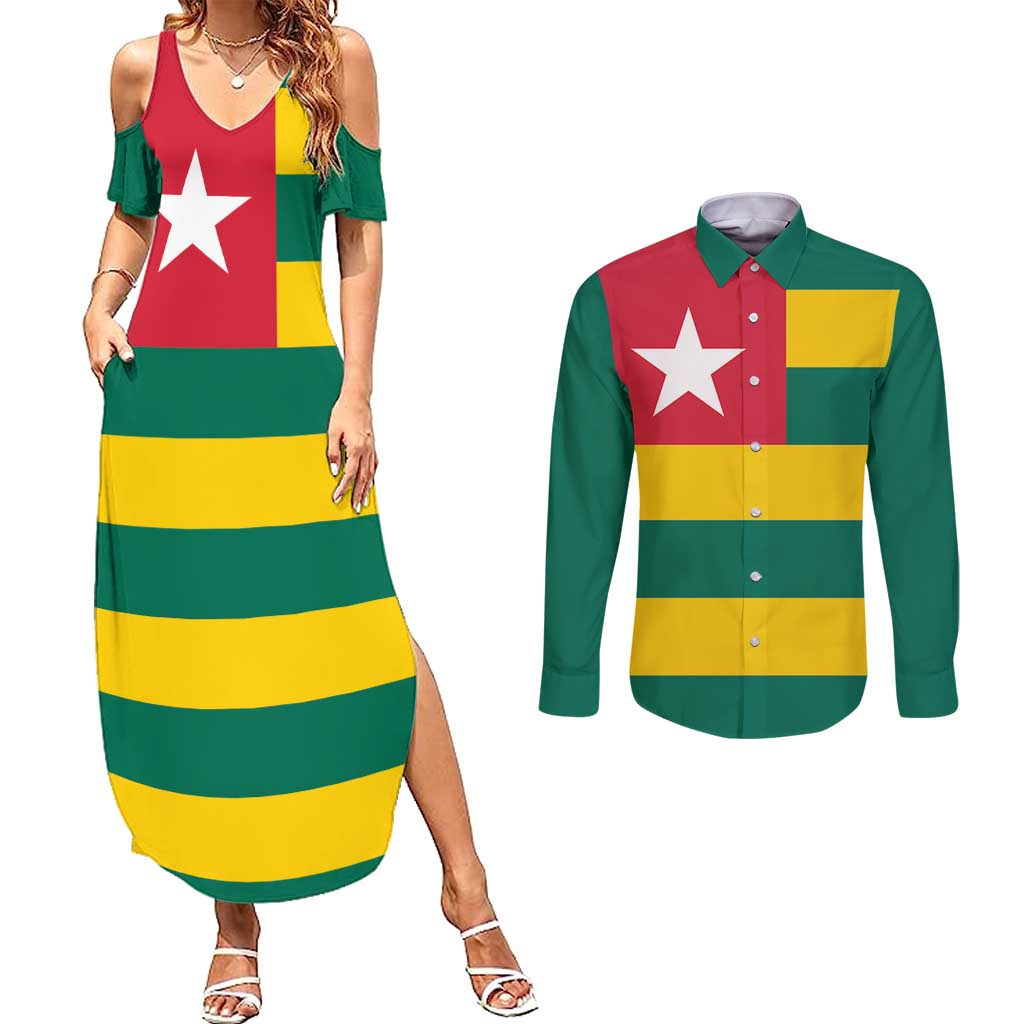 Togo Country Flag Couples Matching Summer Maxi Dress and Long Sleeve Button Shirt Togolese Independence