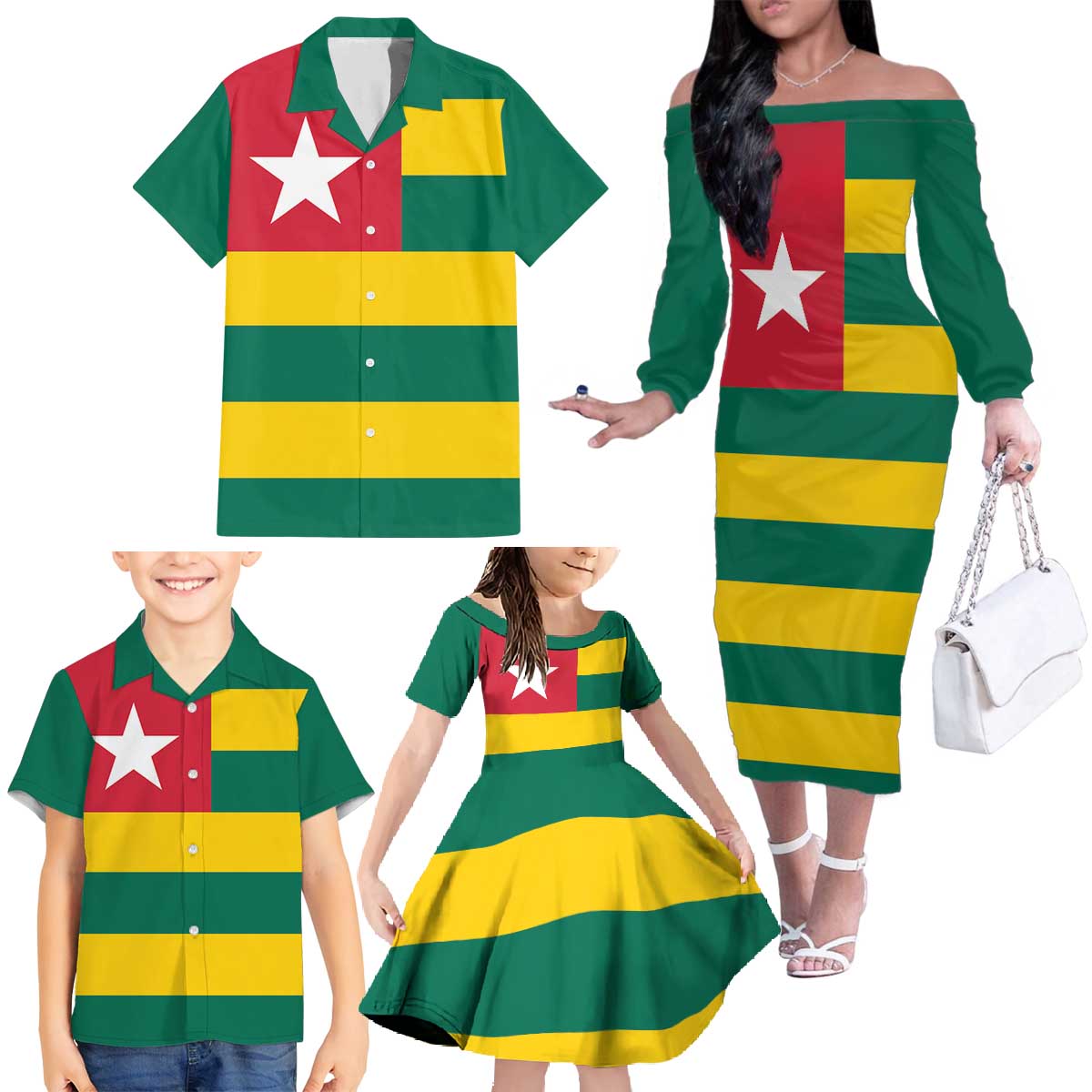 Togo Country Flag Family Matching Off The Shoulder Long Sleeve Dress and Hawaiian Shirt Togolese Independence