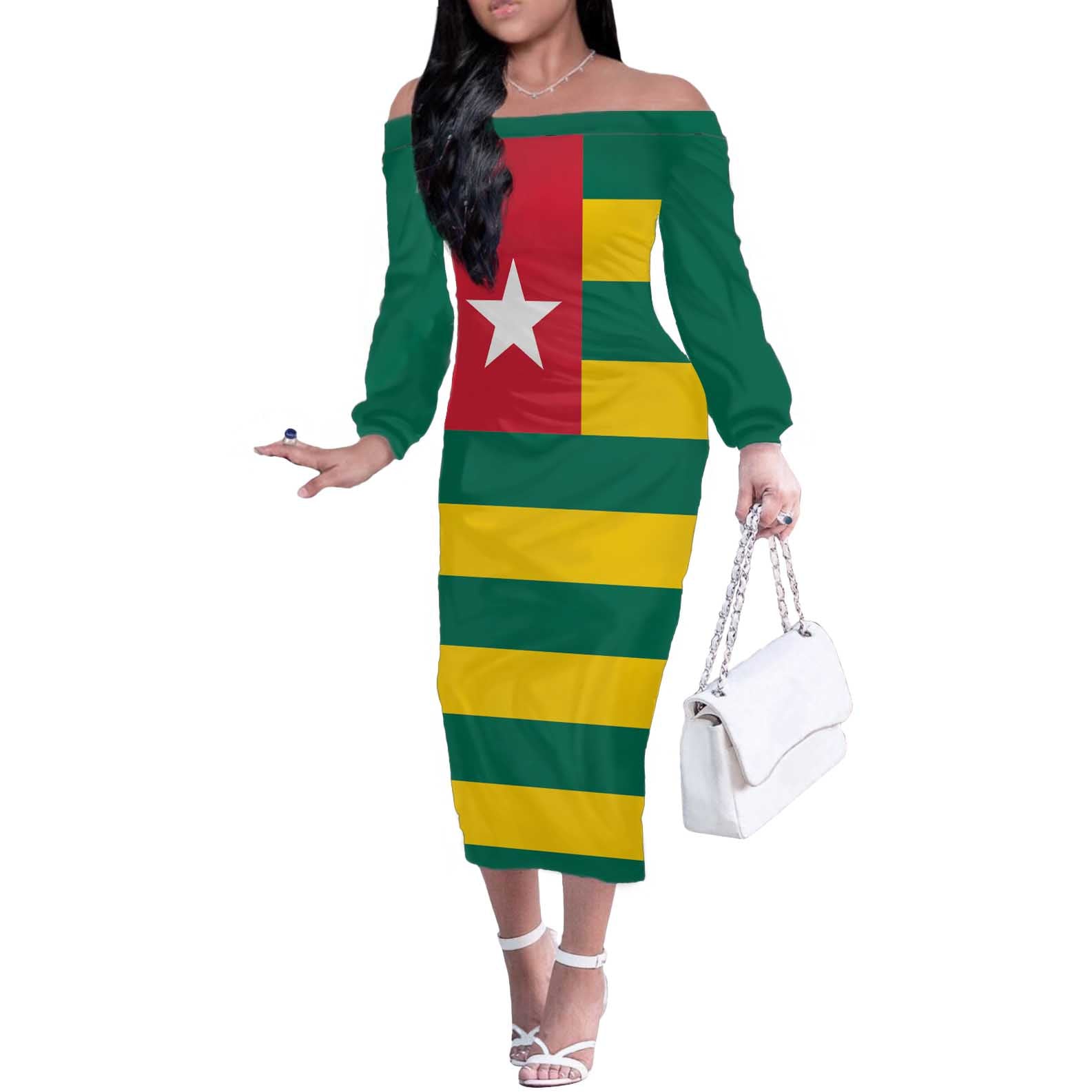 Togo Country Flag Off The Shoulder Long Sleeve Dress Togolese Independence