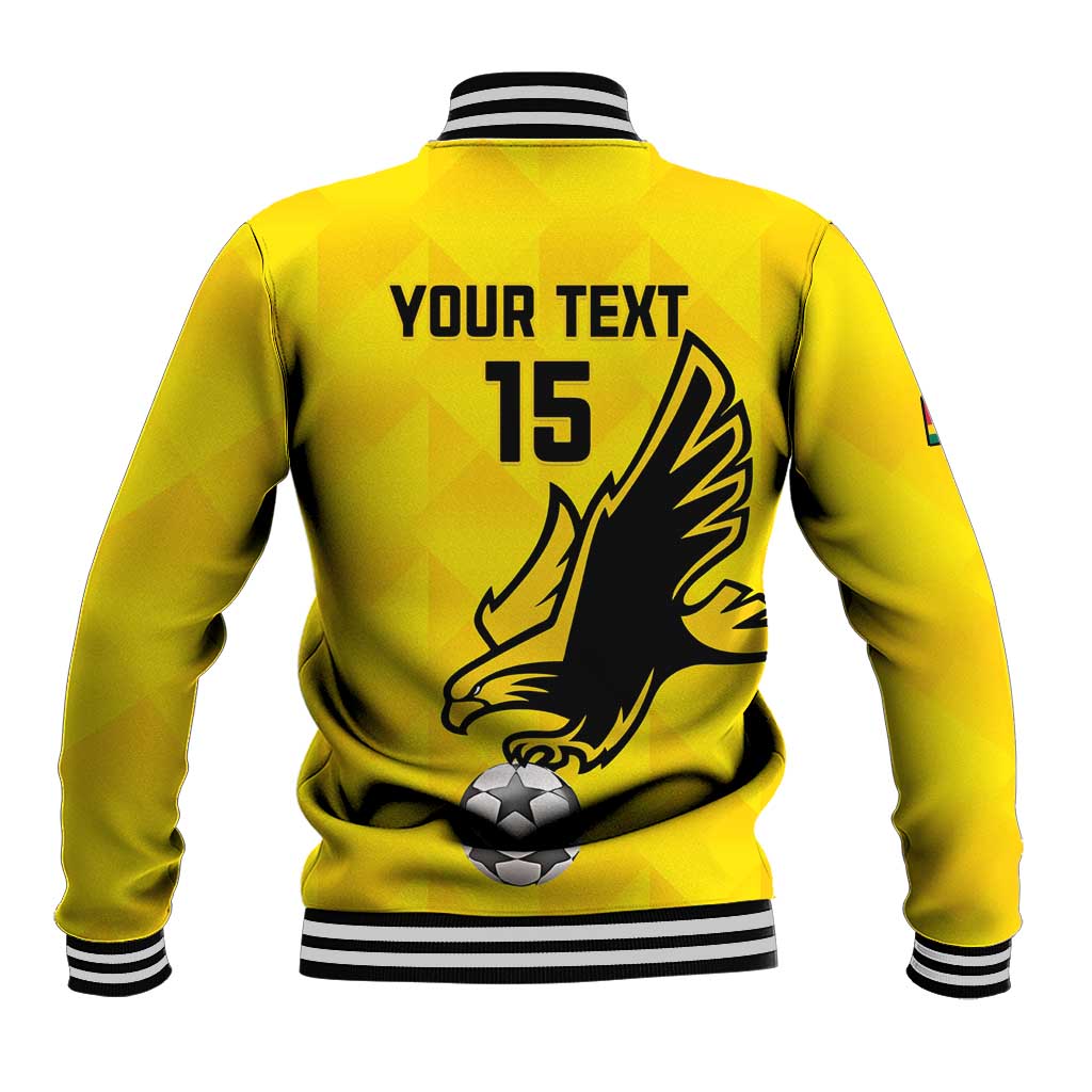 Yellow baseball jacket back with wing crest, 'YOUR TEXT' 15, soccer ball