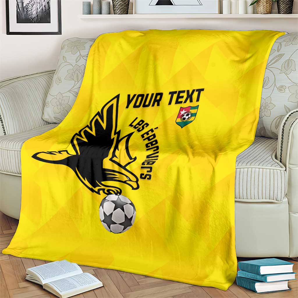 Yellow football blanket with custom text, black lion graphic and soccer ball