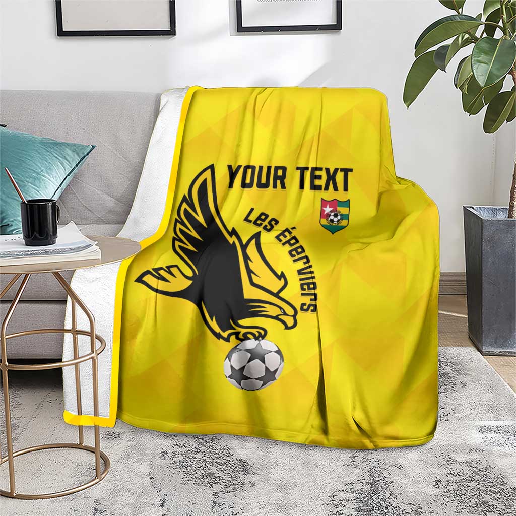 Yellow football blanket with custom text, black lion crest and soccer ball print