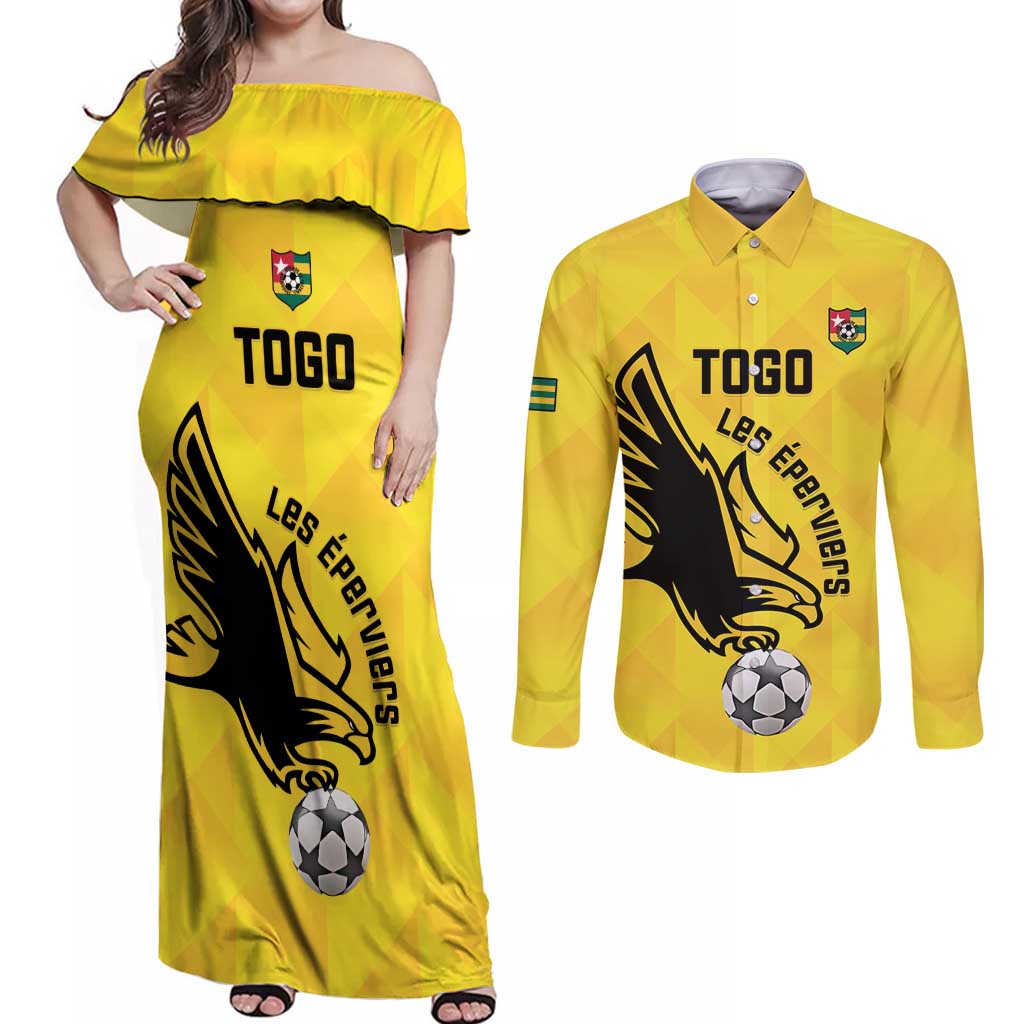 Custom Togo Football Couples Matching Off Shoulder Maxi Dress and Long Sleeve Button Shirt Come On Les Eperviers