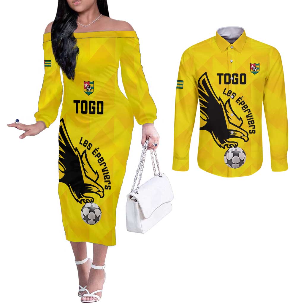 Custom Togo Football Couples Matching Off The Shoulder Long Sleeve Dress and Long Sleeve Button Shirt Come On Les Eperviers