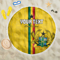 Round yellow Ghana flag beach blanket with fringe, Black Stars emblem and custom text