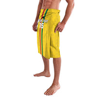 Yellow lavalava with side pleats, vertical stripe panel, and '15' side print