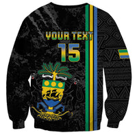 Black unisex football sweatshirt with YOUR TEXT and 15 crest, plus gold-green side stripes