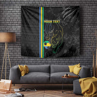 Black football tapestry with panther graphic, ball, vertical stripes, and custom text area