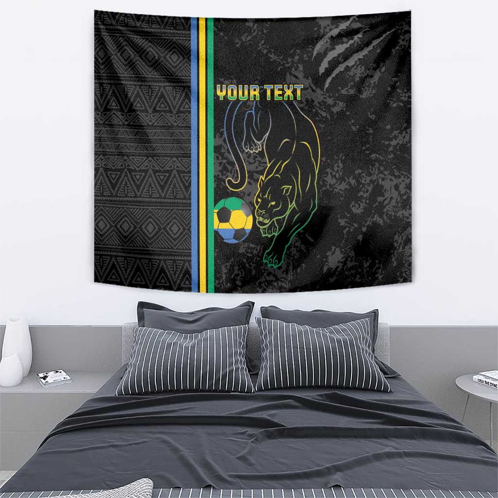 Black wall tapestry with panther outline, soccer ball icon, vertical stripe band, and “YOUR TEXT”