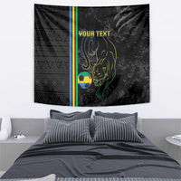 Black wall tapestry with panther outline, soccer ball icon, vertical stripe band, and “YOUR TEXT”