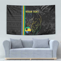 Black panther graphic tapestry with soccer ball, vertical stripe accents, and “YOUR TEXT”