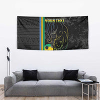 Black custom football tapestry featuring a panther, soccer ball, vertical stripe band, and “YOUR TEXT”